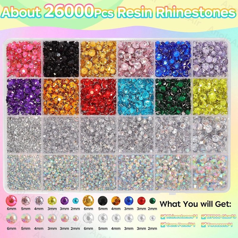 Colorful Resin Flatback Rhinestones - 26000PCS for Crafting | 2/3/4/5/6mm Gems for DIY Mugs, Tumblers, Nail Art