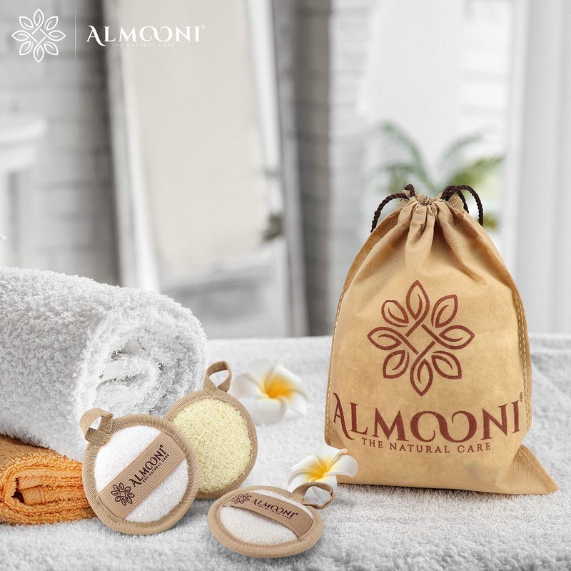Almooni Natural Loofah Facial Pads, Egyptian Loofah Exfoliating Face Scrubber for Cleansing, Dual-Sided with Terry Cloth, Comes with Biodegradable Packaging, 6-Count