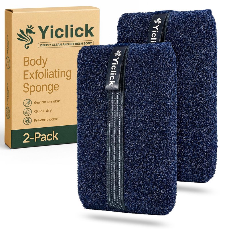 Yiclick Exfoliating Body Scrubber (2 Pack), Body Exfoliator Scrubber, Exfoliating Sponge for Shower Bath, Shower Loofah Luffa Lufa with Handle for Men Women, Dead Skin Exfoliator for Body Scrub