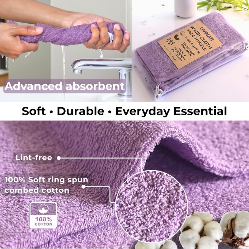 LIVINATI Lavender 100% Cotton Wash Cloths for Showering Body and Face - 12"X12" 6 Pack Washcloths - Small Terry Towel Bath Rags for Adults and Kids Bathroom - Soft Absorbent