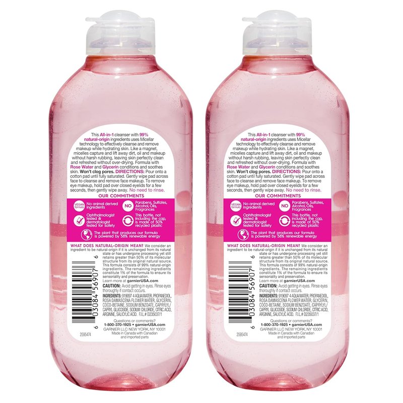 Garnier Micellar Water - Hydrating Facial Cleanser & Makeup Remover with Rose Water | 13.5 Fl Oz (400mL), 2 Count