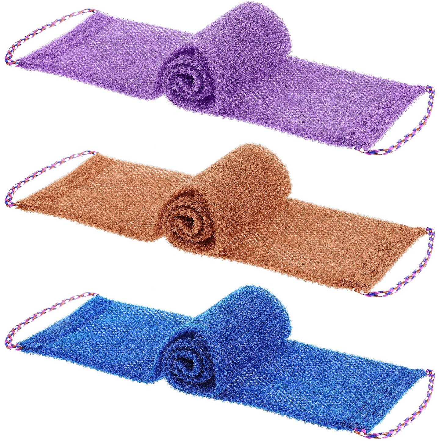 Tegeme 3 Pieces African Exfoliating Net Sponge, Long Exfoliating Bath Back Scrubber with Pull Strap, Nylon Body Shower Loofah for Women Men, Daily Hand Washcloth (Purple, Blue, Coffee)