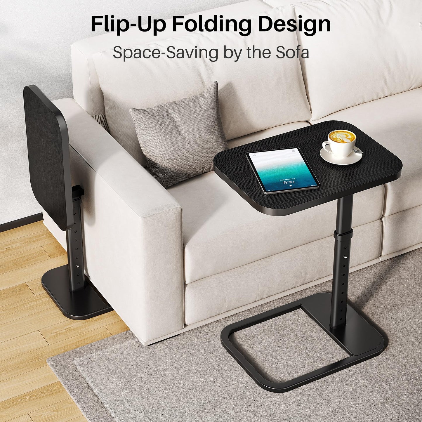 Branwick Adjustable Height TV Tray Table with Bumper Rounded Corner Design & Flip-top Side Table for Bedroom, Living Room, Bathroom and Study, End Table for Eating, Dinner or Laptop, Black