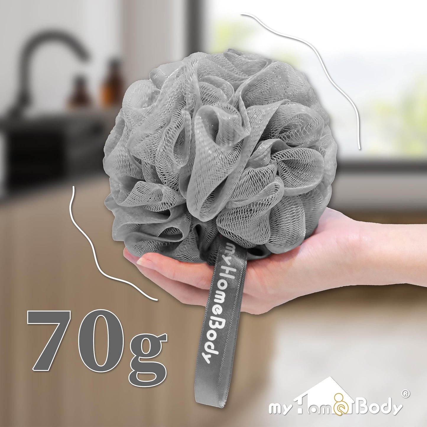 myHomeBody Large 70g Loofah Sponge, Body Scrubber, Bath Sponge, Loofah for Women, Men, Exfoliating Sponge Shower Pouf with Activated Charcoal - 2 Ultimate Gray + 1 Illuminating Yellow, 3 Pack