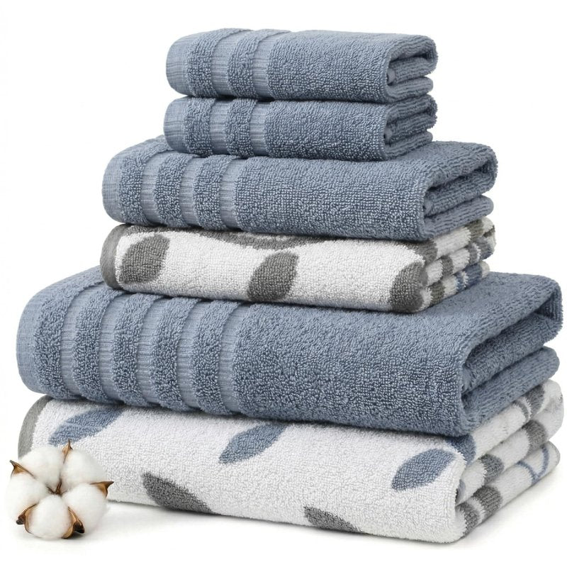 Modern Threads 6 Piece Bath Towel Set – Bathroom Set with 2 Bath Towels, 2 Hand Towels, and 2 Wash Cloths – 100% Cotton, Super Absorbent & Extra Soft – Reversible Natural Vine (Blue)