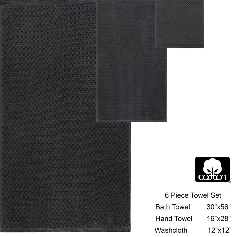 COTTON CRAFT Waffle 6 Piece Towel Set - 100% Cotton - 2 Oversized Luxury Euro Spa Waffle Weave Large Bath Towels, 2 Hand Towels, 2 Washcloth - Absorbent Quick Dry Hotel Bathroom Shower Pool - Charcoal