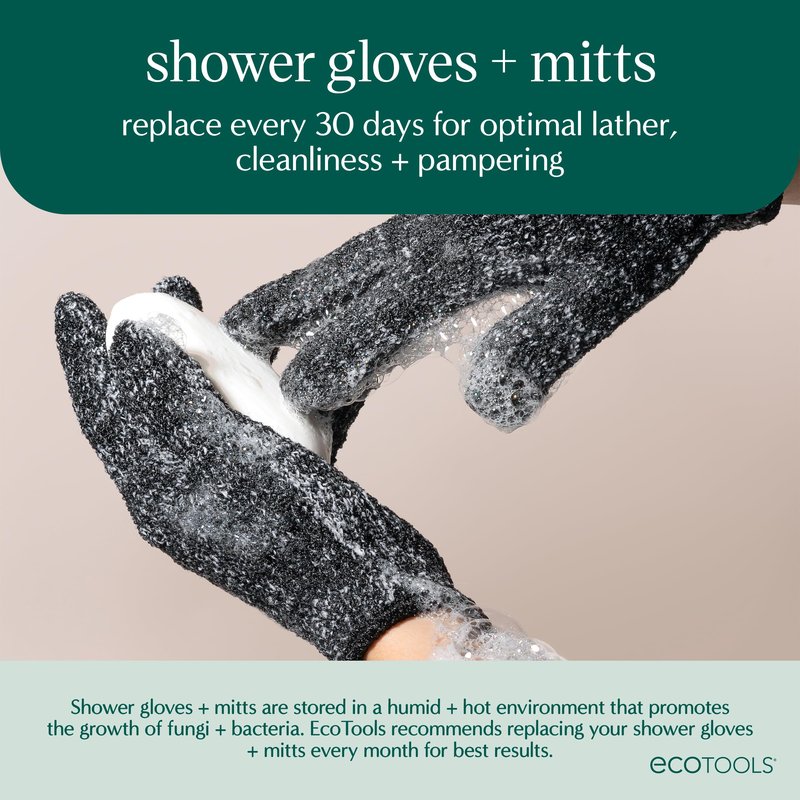 EcoTools Charcoal Bath + Shower Gloves, Exfoliating Gloves Remove Dead Skin & Cleanse Whole Body, Bath Gloves Infused With Charcoal To Scrub & Purify Skin, Cruelty Free, 1 Pair (2 Gloves)