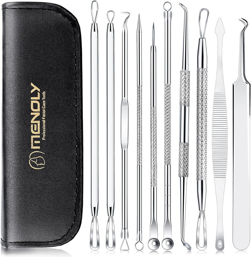 Menoly Pimple Popper Tool Kit | 10-Piece Blackhead Remover Set with Leather Bag for Acne & Blemish Extraction