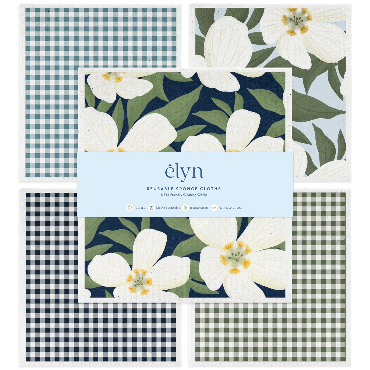ELYN Swedish Dishcloths, Reusable & Washable Sponge Cloths, Absorbent Cleaning Paper Towels for Kitchen, Dishes, Counters and More, 5 Pack, Assorted Magnolia & Gingham Patterns