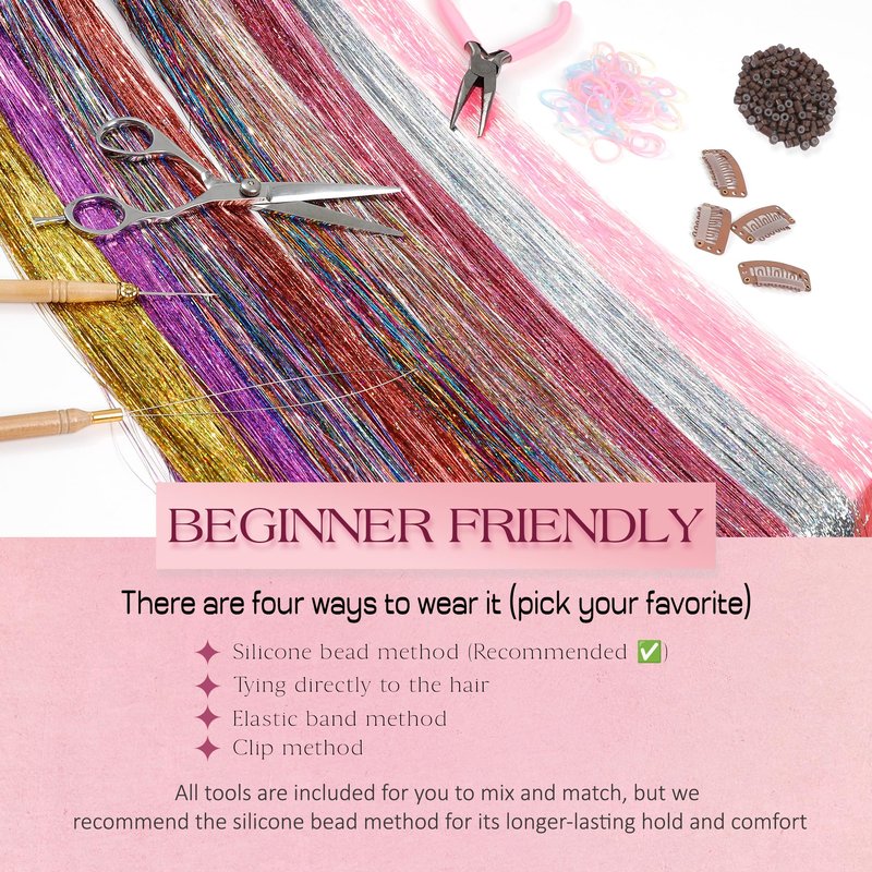 Brdlock 18 Colors Hair Tinsel, 48 Inch Hair Tinsel Kit Heat Resistant Fairy Hair Glitter Extensions Accessories for Women Girls Sparking Tinsels for Christmas Party Festival