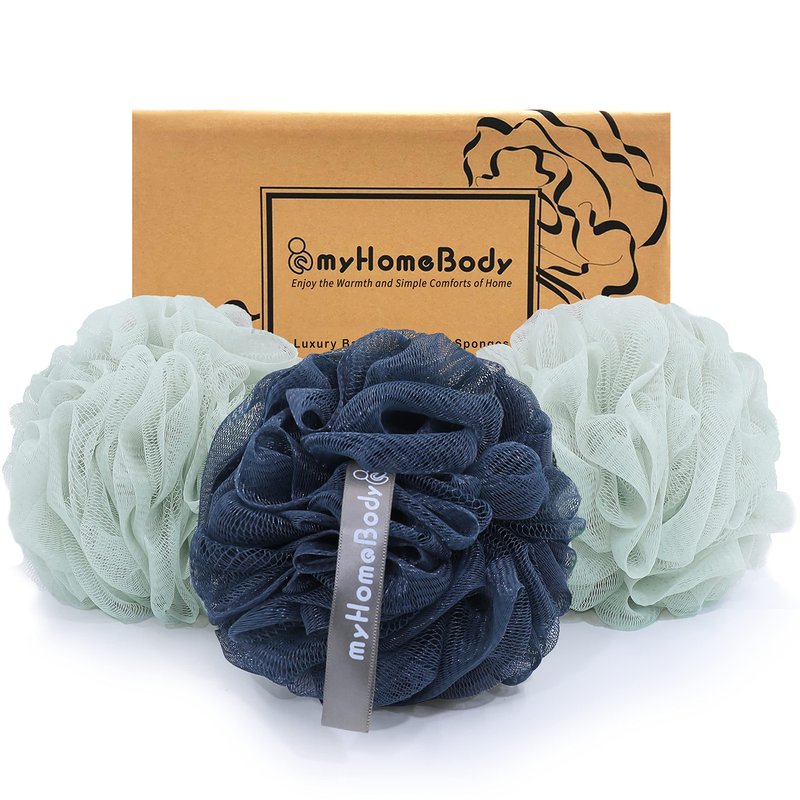 myHomeBody Large 70g Loofah Sponge, Body Scrubber, Bath Sponge, Loofah for Women, Men, Exfoliating Sponge Shower Pouf with Activated Charcoal - 2 Sea Foam Green + 1 Navy Blue, 3 Pack