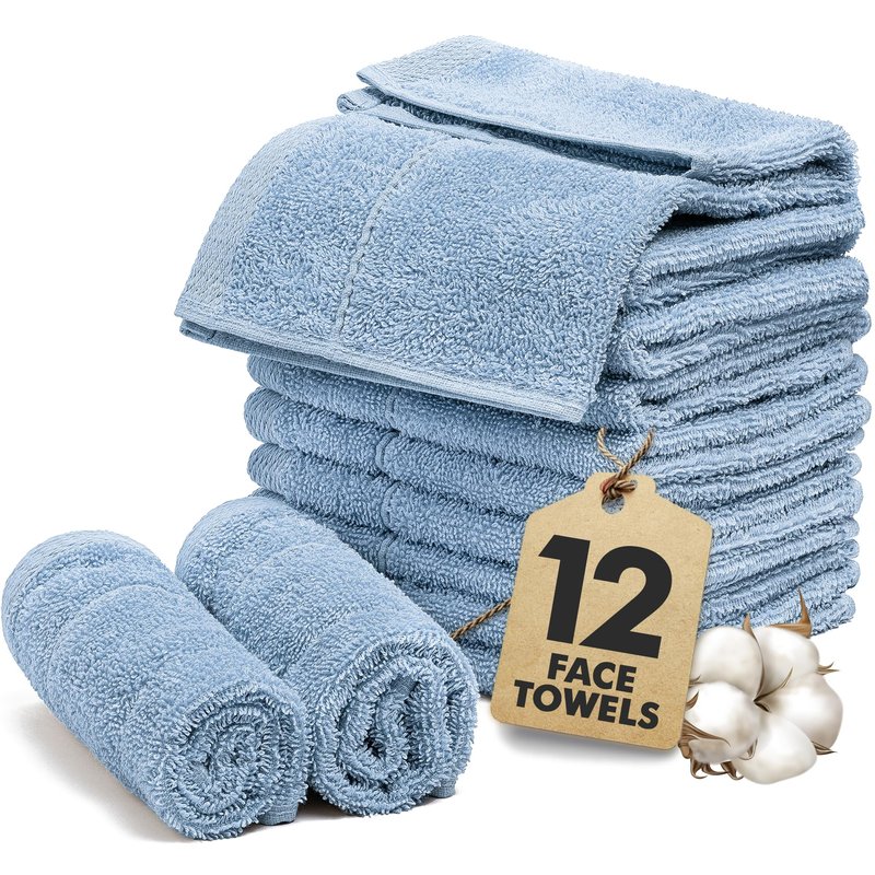 Novo Home Face Towels Pack of 12 – 100% Cotton Wash Cloths (12x12 inch) – Soft, Quick Dry & Highly Absorbent Hand Towels for Bathroom, Spa, Gym, Kitchen and for Daily Use - (Sky Blue)