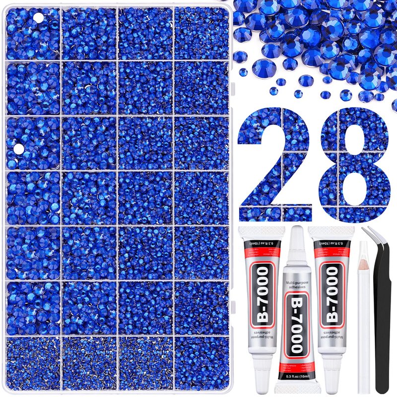 30000Pcs Resin Rhinestones for Bedazzling with Tweezers, Royal Blue Rhinestones for Crafting with 3Pcs 10ml B7000 Jewelry Glue for DIY Crafts Clothing Tumblers Shoes Fabric Nail Art