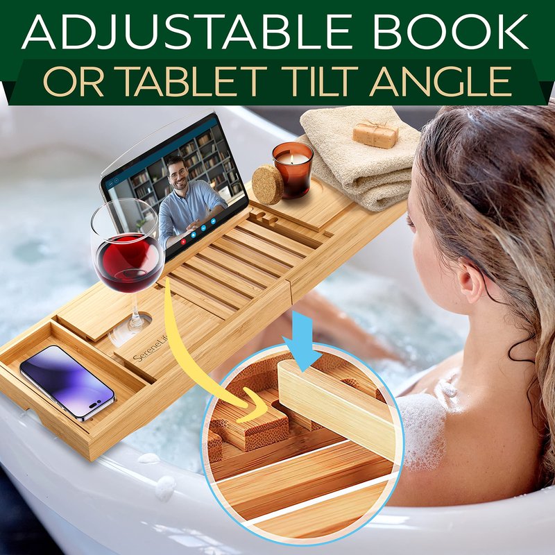 SereneLife Premium Bathtub Tray Caddy, Expandable Bath Tray, Unique House Warming Gifts, Gift for Mom, Women, New Home, Wedding, Anniversary, Bridal Shower, Universal Fit for All Tub - Classic