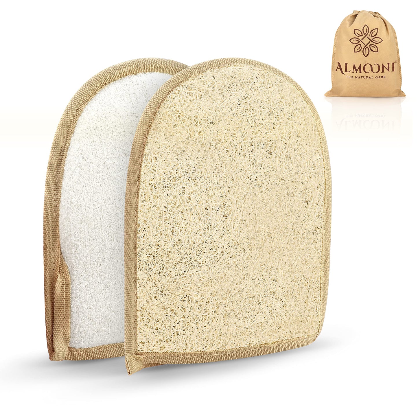 Almooni Egyptian Loofah Gloves for Women & Men, Real Natural Egyptian Loofah Mittens with Terry Cloth, Premium Exfoliating Mitt for Body Cleansing, 2-Pack