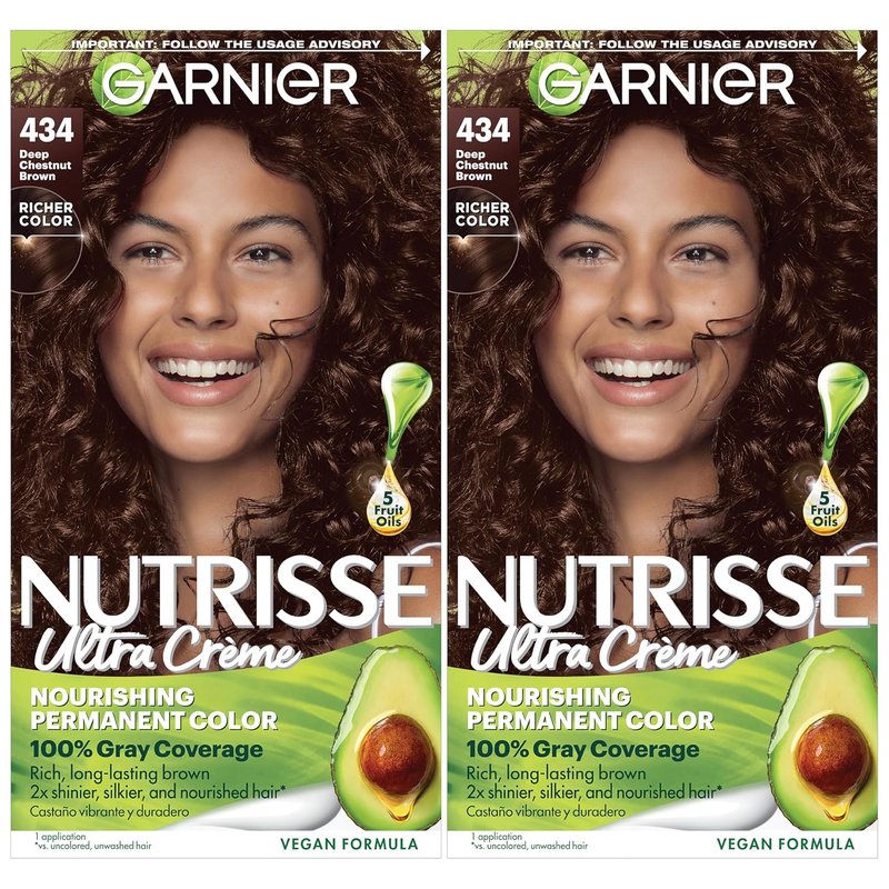Garnier Nutrisse Ultra Crème Hair Color - Permanent Vegan Hair Dye for 100% Gray Coverage | 434 Deep Chestnut Brown, 2 Count
