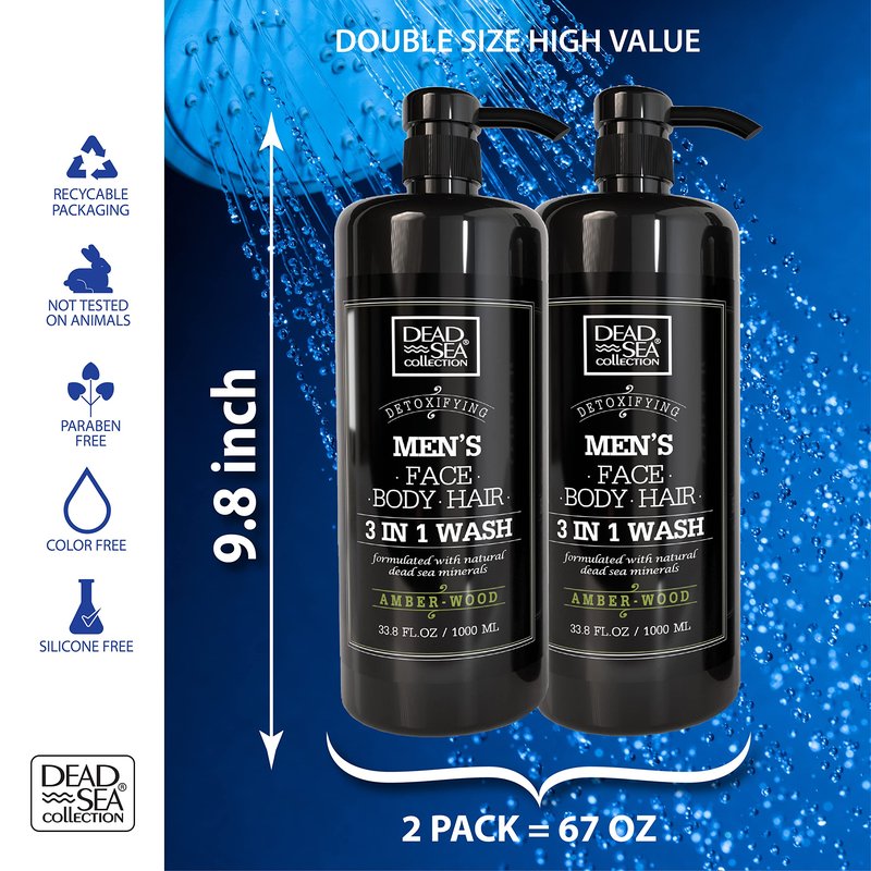 Dead Sea Collection Amber Wood Men’s Body Wash – 3 in 1 Body Wash for Men for Hair, Face & Body – Moisturizing Shower Gel with Dead Sea Minerals – Pack of 2 (33.8 fl oz each)