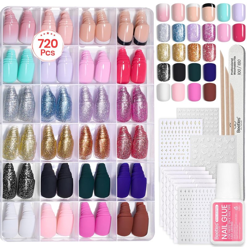 Beetles Press On Nails Kit - 720 Pcs Prism Pop Short Square Nails | 24 Colors, Glossy & Matte Finishes