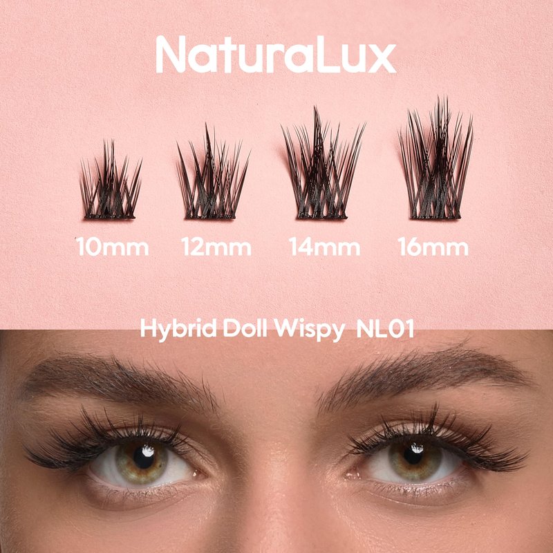 NATURALUX Hybrid Doll Wispy Mixed Lash NL01; 10mm, 12mm, 14mm, 16mm; 144 Total Count; False Eyelash Clusters, Individual Lashes, Lash Extensions, Lash Clusters, C Curl