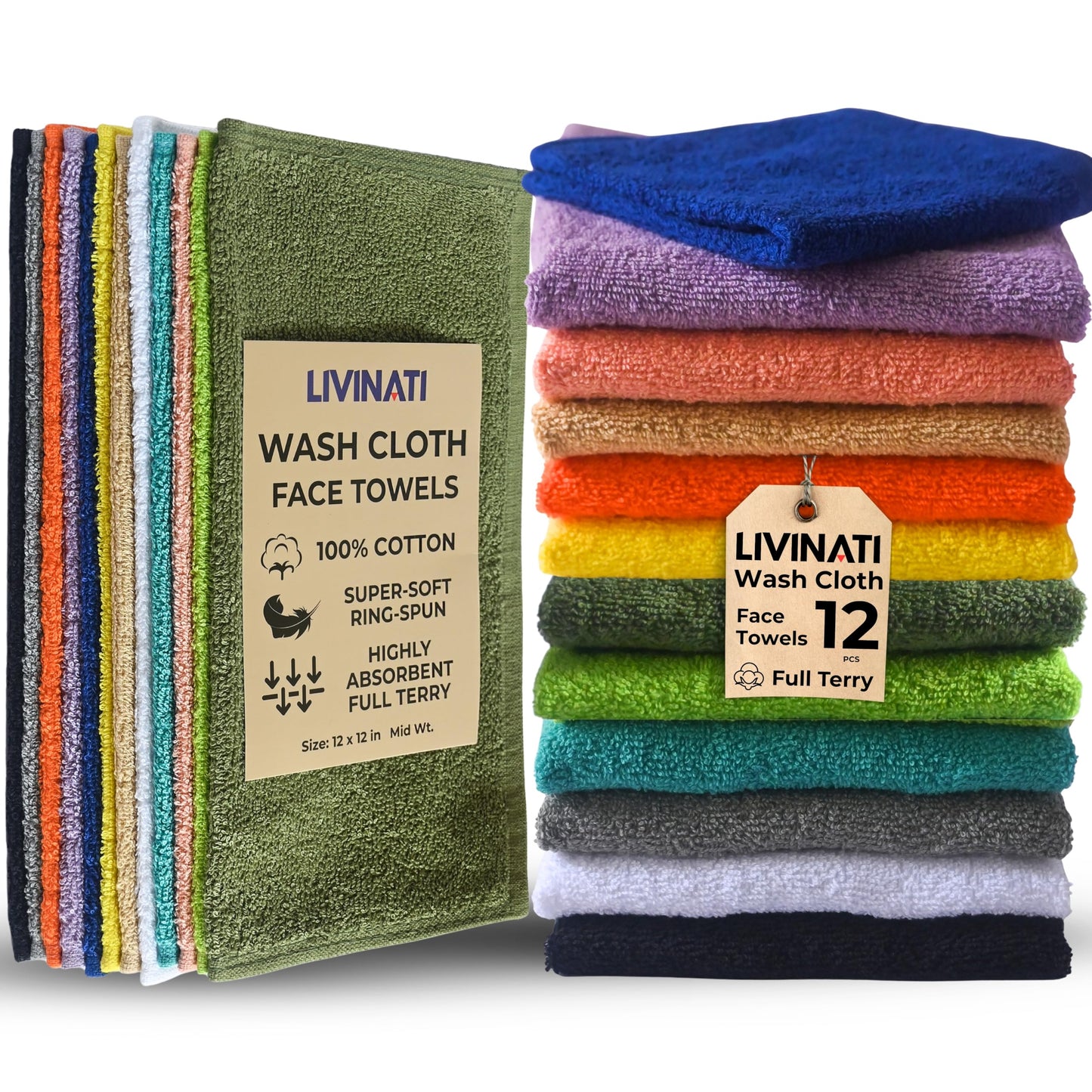 LIVINATI 100% Cotton Wash Cloths for Showering Body and Face - 12"X12" Set of 12 Washcloths Variety Colors Pack - Small Terry Towel Bath Rags for Adults and Kids Bathroom - Soft Absorbent
