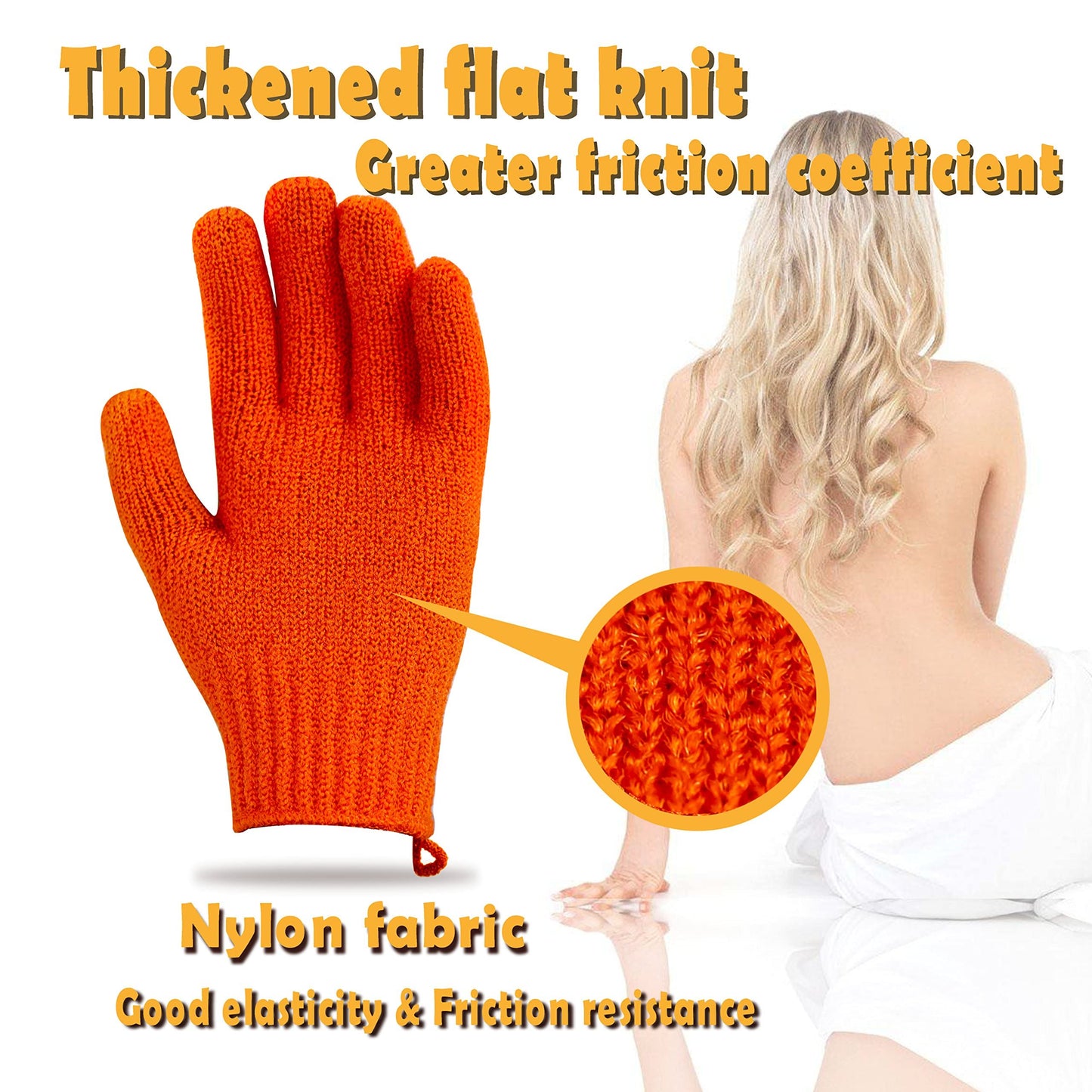 MIG4U Exfoliating Shower Gloves for Bath, Premium Nylon Body Wash Bathing Gloves for Men Women Spa, Massage and Skin Scrub, Dead Skin Remover with Hanging Loop, Orange, Regular Size
