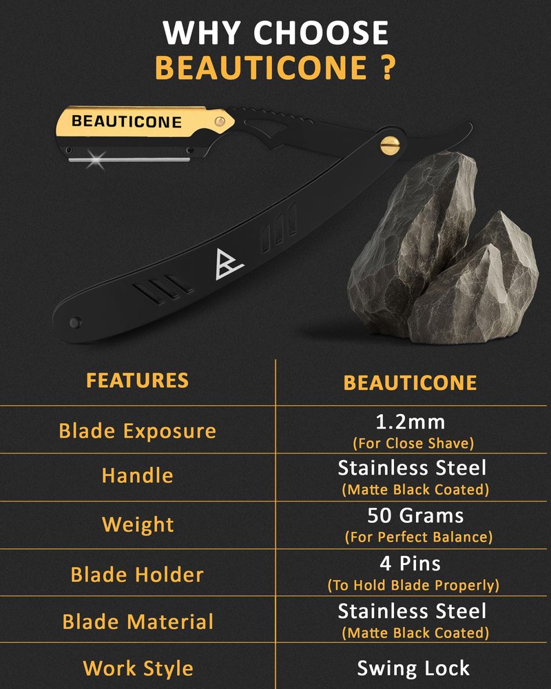 BEAUTICONE Straight Razors for Men, Straight Edge Razor, Single Edge Replacement Blades, Stainless Steel, Barber Razor for Men's Shaving, Barber Shaving Knife