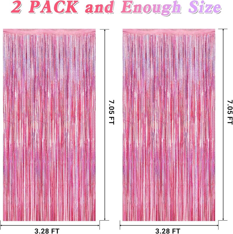 Skiennix Glitter Pink Backdrop - 2 Pack Laser Pink Fringe Curtains | 3.28 FT x 7.05 FT Birthday Party Decor