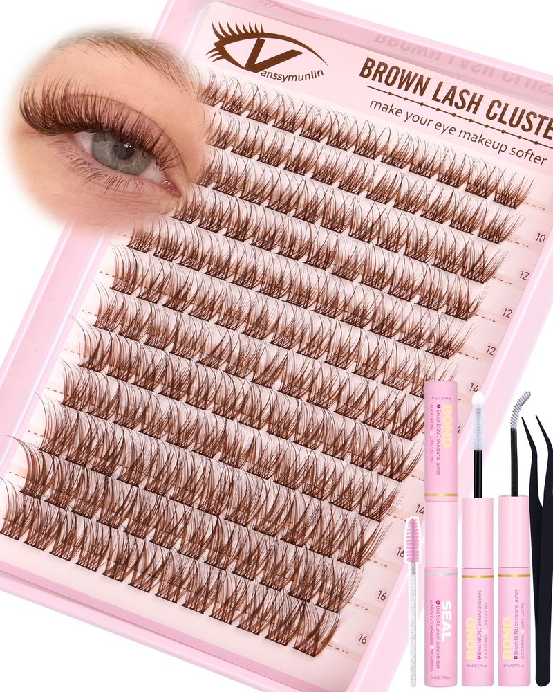 Natural Brown Lash Clusters Kit Wispy Eyelashes Clusters Kit C Curl Cluster Eyelash Extensions 10-16mm Cluster Lashes DIY Eyelash Clusters Waterproof Individual Lashes Extension Kit with Brush