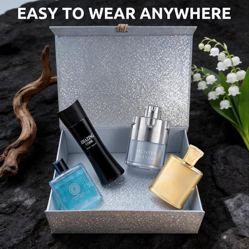 A CENTER Men's Cologne Gift Set 4 x 3.4 FL oz|Luxury perfume with Premium Presentation Box|Perfect Valentine's Day Gift for Him|Long Lasting Fragrance(AmazingCo&VintageM&HunterPla&KingDMi)