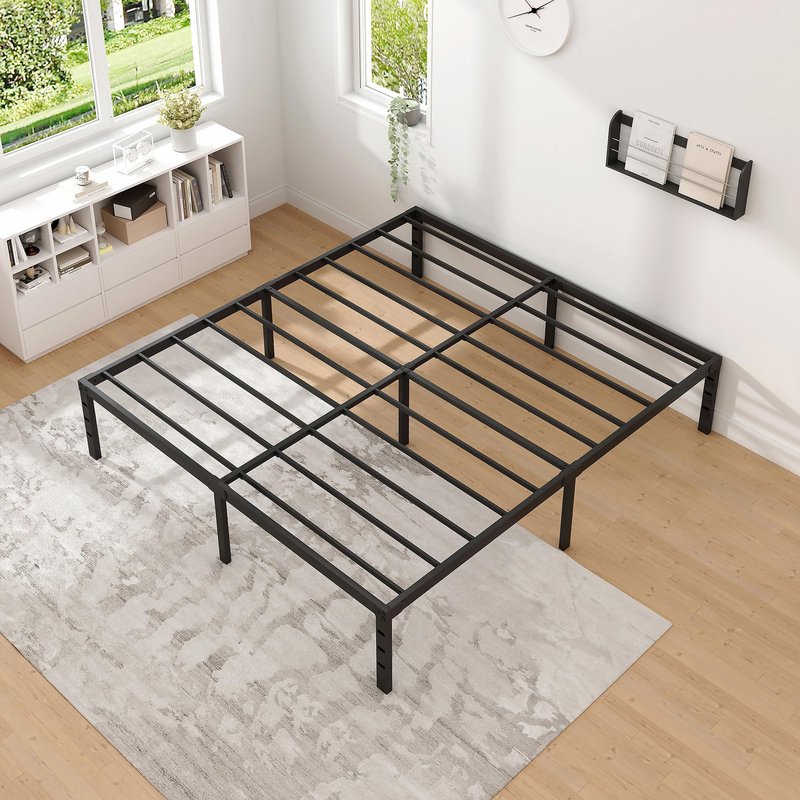 NEW JETO Metal Bed Frame,Queen Size Bed Frame with Storage Space,Heavy Duty Sturdy Mattress Foundation,Easy Assembly,No Box Spring Needed, Black,14 Inch,Queen