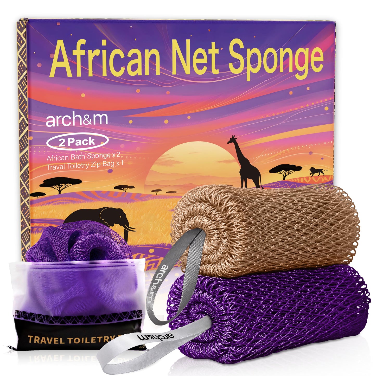 ARCH&M African Net Sponge Authentic with Knots, 2 Pack 53" Long