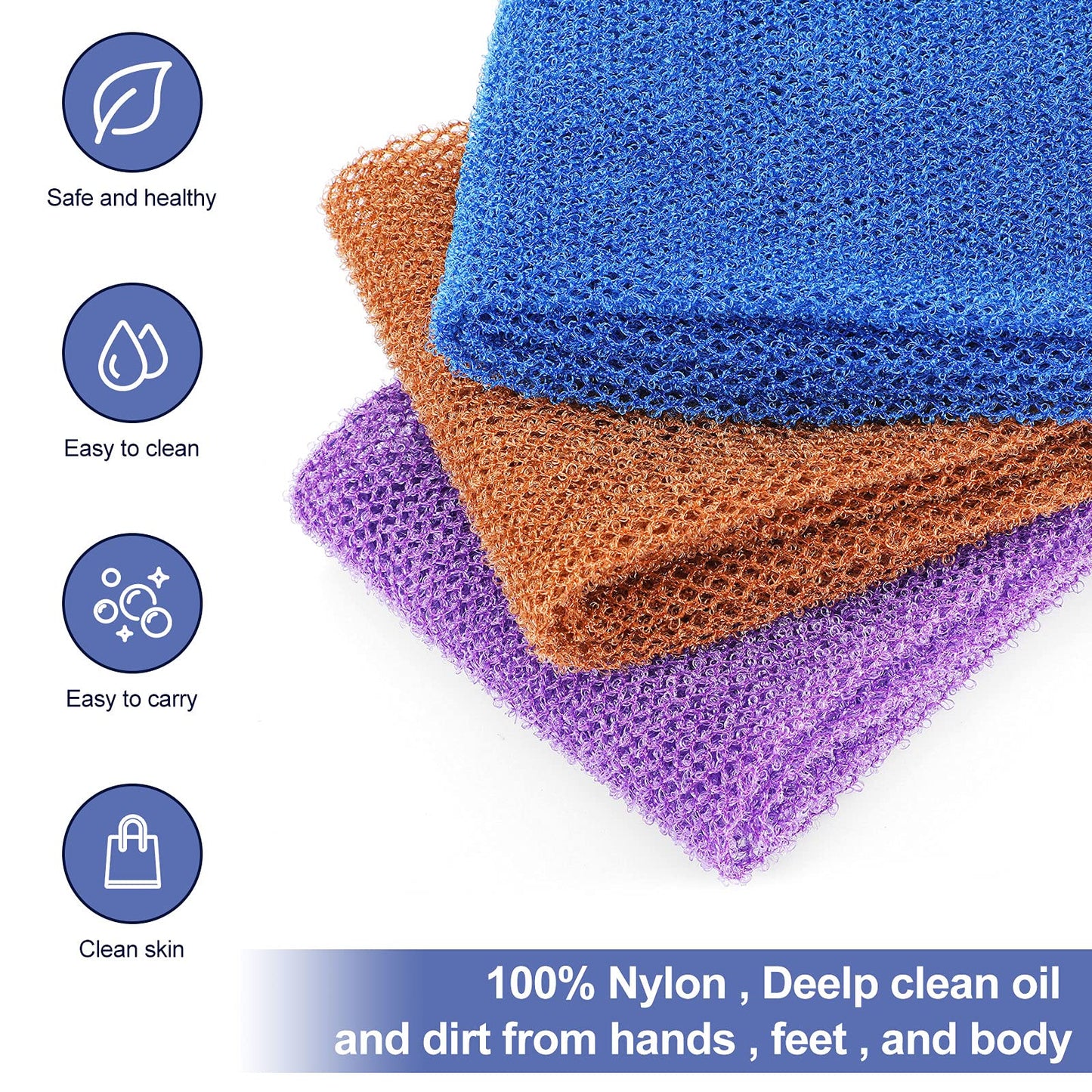 Tegeme 3 Pieces African Exfoliating Net Sponge, Long Exfoliating Bath Back Scrubber with Pull Strap, Nylon Body Shower Loofah for Women Men, Daily Hand Washcloth (Purple, Blue, Coffee)