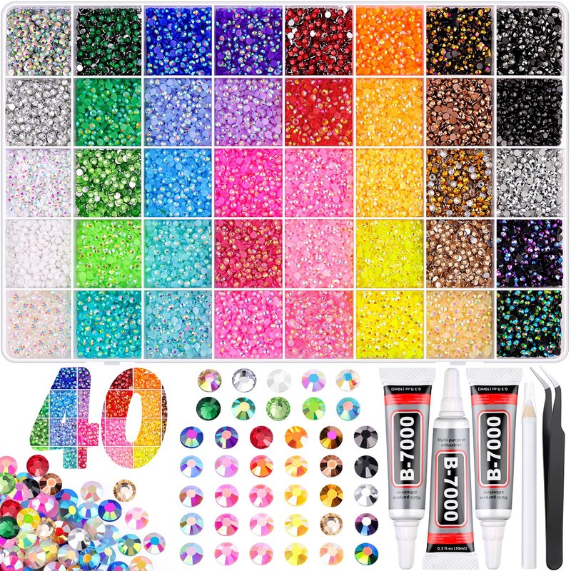 40000Pcs Jelly Rhinestones for Bedazzling Kit, Multi-Color 3mm Resin Flatback Gems with 3Pcs 10ml B7000 Jewelry Glue, Bedazzled Crystal for DIY Crafts Clothing Nail Art Makeup
