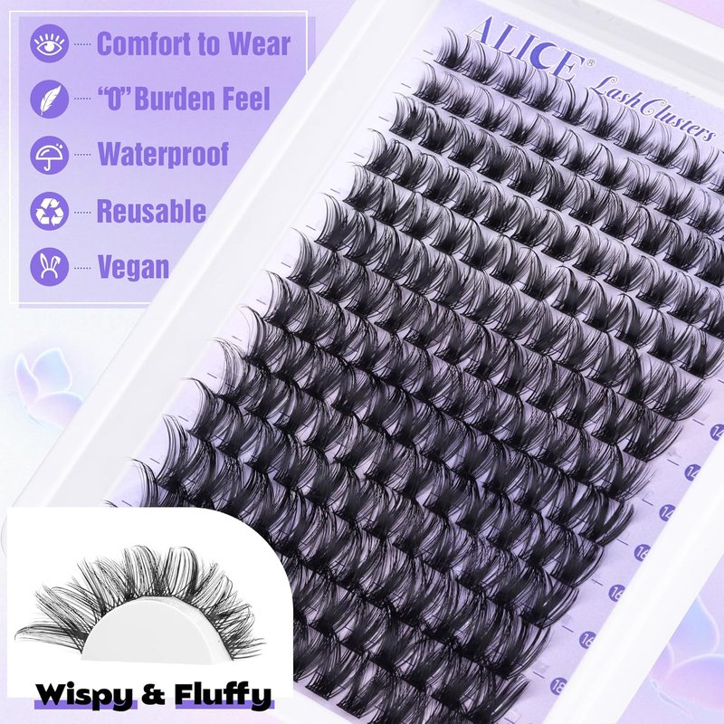 **ALICE Wispy Lash Clusters Kit - 168pcs Natural Eyelash Extensions 10-18mm with Glue for DIY Home Use**