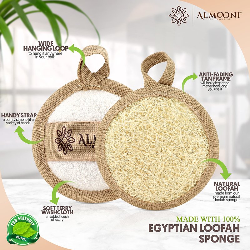 Almooni Natural Loofah Facial Pads, Egyptian Loofah Exfoliating Face Scrubber for Cleansing, Dual-Sided with Terry Cloth, Comes with Biodegradable Packaging, 6-Count