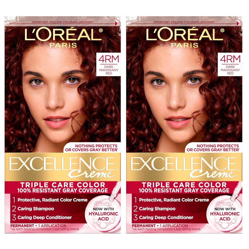 L'Oreal Paris Hair Dye - Excellence Crème 4RM Dark Mahogany Red | Triple Care Color with Hyaluronic Acid, 100% Gray Coverage, 2 Kits