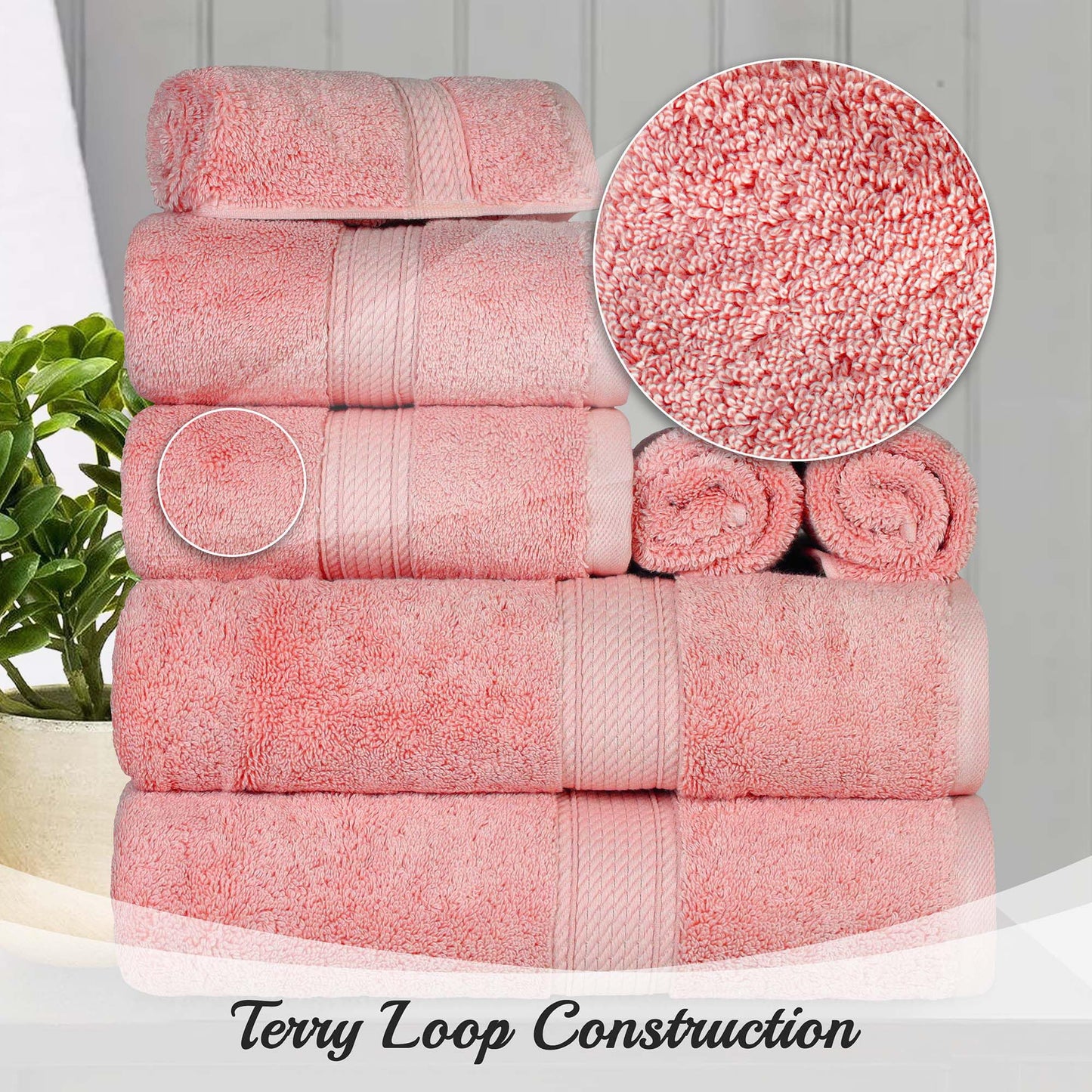 Superior Egyptian Cotton Pile 9 Piece Towel Set, Includes 3 Bath, 3 Hand, 3 Face Towels/Washcloths, Ultra Soft Luxury Towels, Thick Plush Essentials, Guest Bath, Spa, Hotel Bathroom, Tea Rose