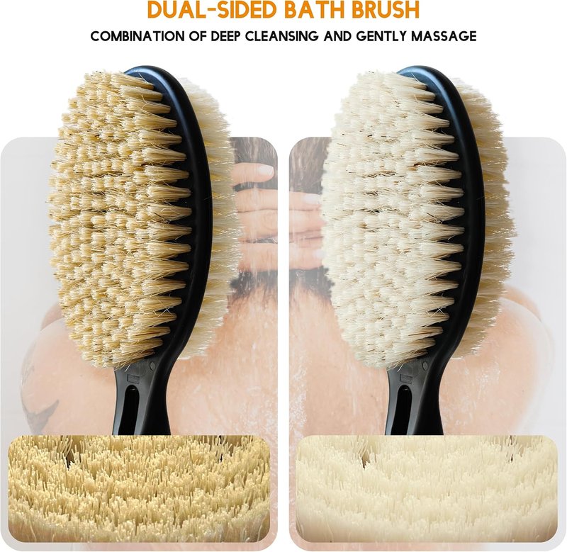 Back Scrubber - Dual-Sided Bath Brush with Long Handle | Soft & Stiff Bristles for Body Exfoliation