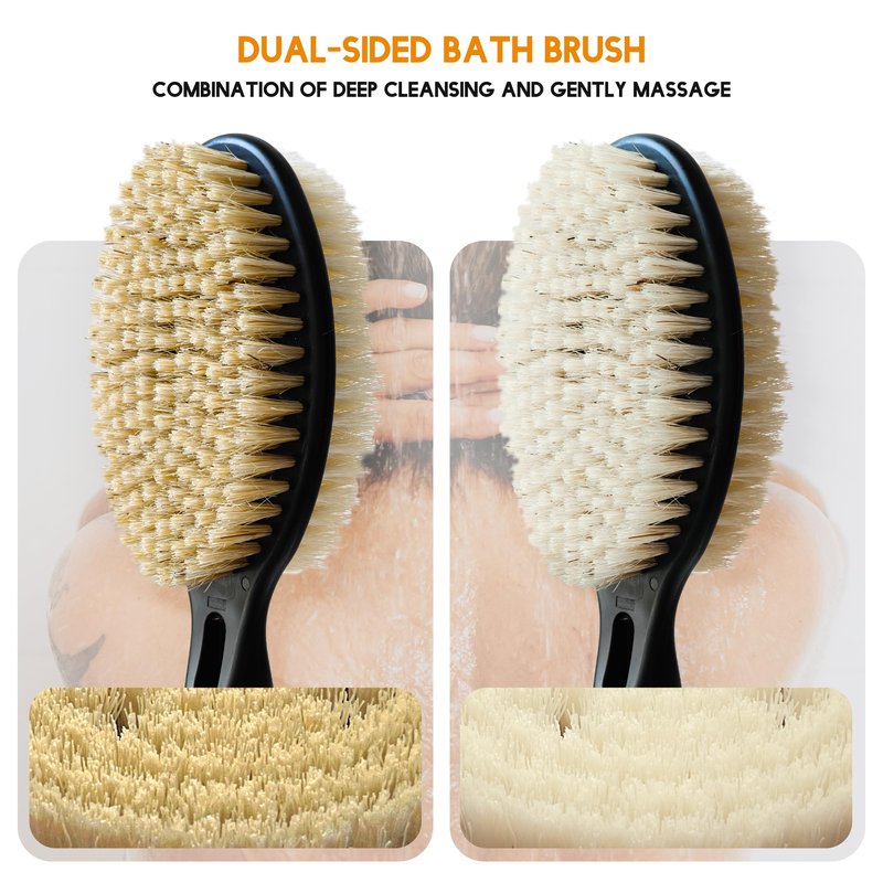 Back Scrubber for Shower with Long Handle, Dual-Sided Bath Brush for Wet & Dry Brushing, Soft & Stiff Bristles Body Exfoliator, Adjustable Detachable Shower Brush for Back, Legs & Feet