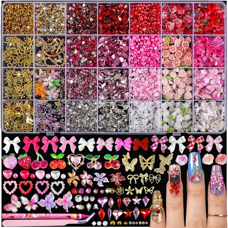 28 Grids Nail Charms Kit with Rhinestones for Nails, 3D Kawaii Bows, Cherry, Flowers, Butterfly. Red Pink Gold Nail Gems, Pearls & Metal Studs. DIY Manicure Art Supplies with Wax Pen & Tweezers