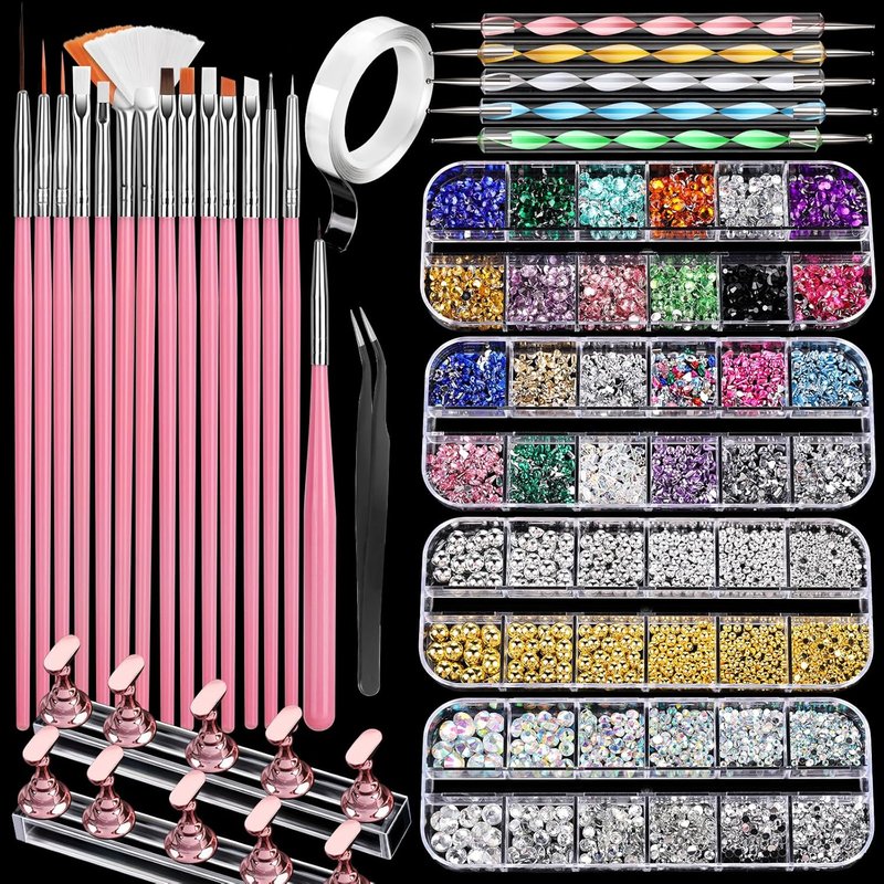 FANDAMEI Nail Art Tools Set - 15 PCS Acrylic Brushes, Dotting Tools & Nail Gems for Creative Designs