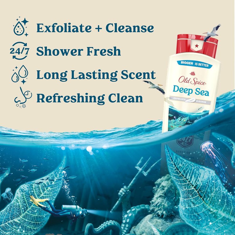 Old Spice Cleansing Body Wash for Men - 24/7 Fresh Scent, Exfoliating & Gentle Formula, Deep Sea & Kelp, 18 oz (Pack of 4)