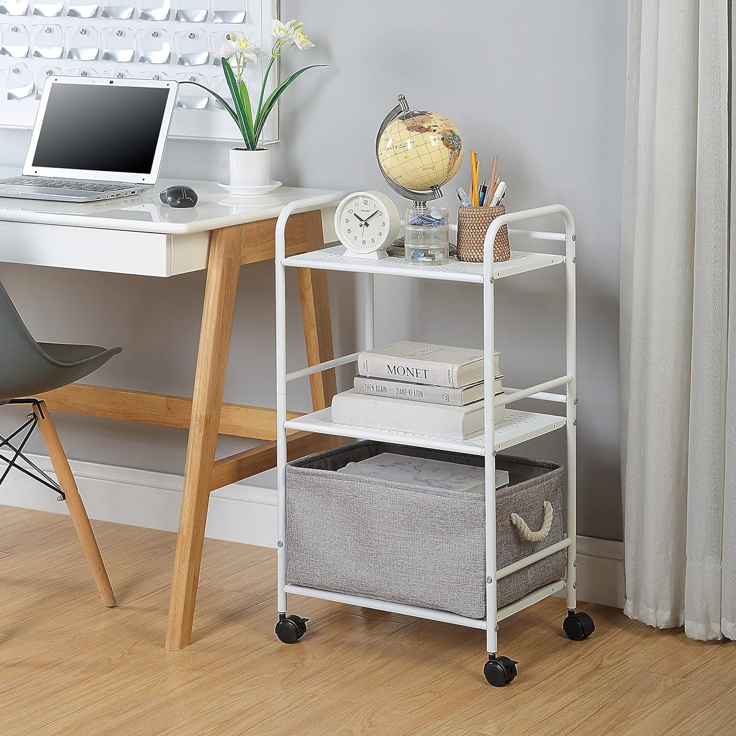 SunnyPoint 3-Tier Rolling Utility Cart - Metal Storage Organizer with Wheels | Mobile Kitchen & Office Cart, White, 12"D x 16.92"W x 31.1"H