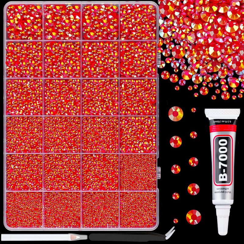 Resin Jelly Rhinestones for Crafting with B7000 Jewelry Glue, 1 Box Red AB Flatback Crystal with 3Pcs 10ml Glue, Bedazzling Non Hotfix Gems for DIY Tumblers Clothing Shoes Manicure