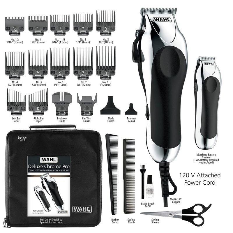 Wahl Clipper USA Deluxe Corded Chrome Pro, Complete Hair and Trimming Kit, Includes Corded Clipper, Cordless Battery Trimmer, and Styling Shears, for a Cut Every Time - Model 3029682