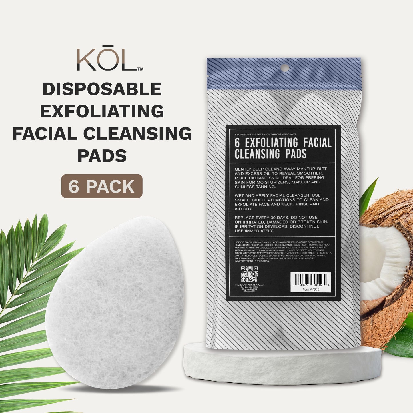 KOL Face Scrubber, Coconut Infused Exfoliating Facial Cleansing Pads, Disposable Exfoliator Face Sponge for Daily Cleaning and Makeup Removal, 6 Count