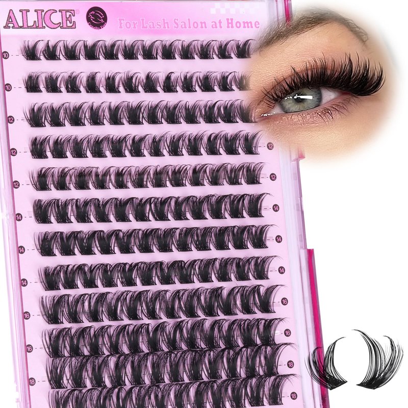 ALICE Lash Clusters Eyelash Clusters Wispy Cluster Eyelash Extensions Russian Volume Individual Lashes Natural Thin Band Lash Extensions DIY at Home (144pcs/10-18mm/D- Curly)