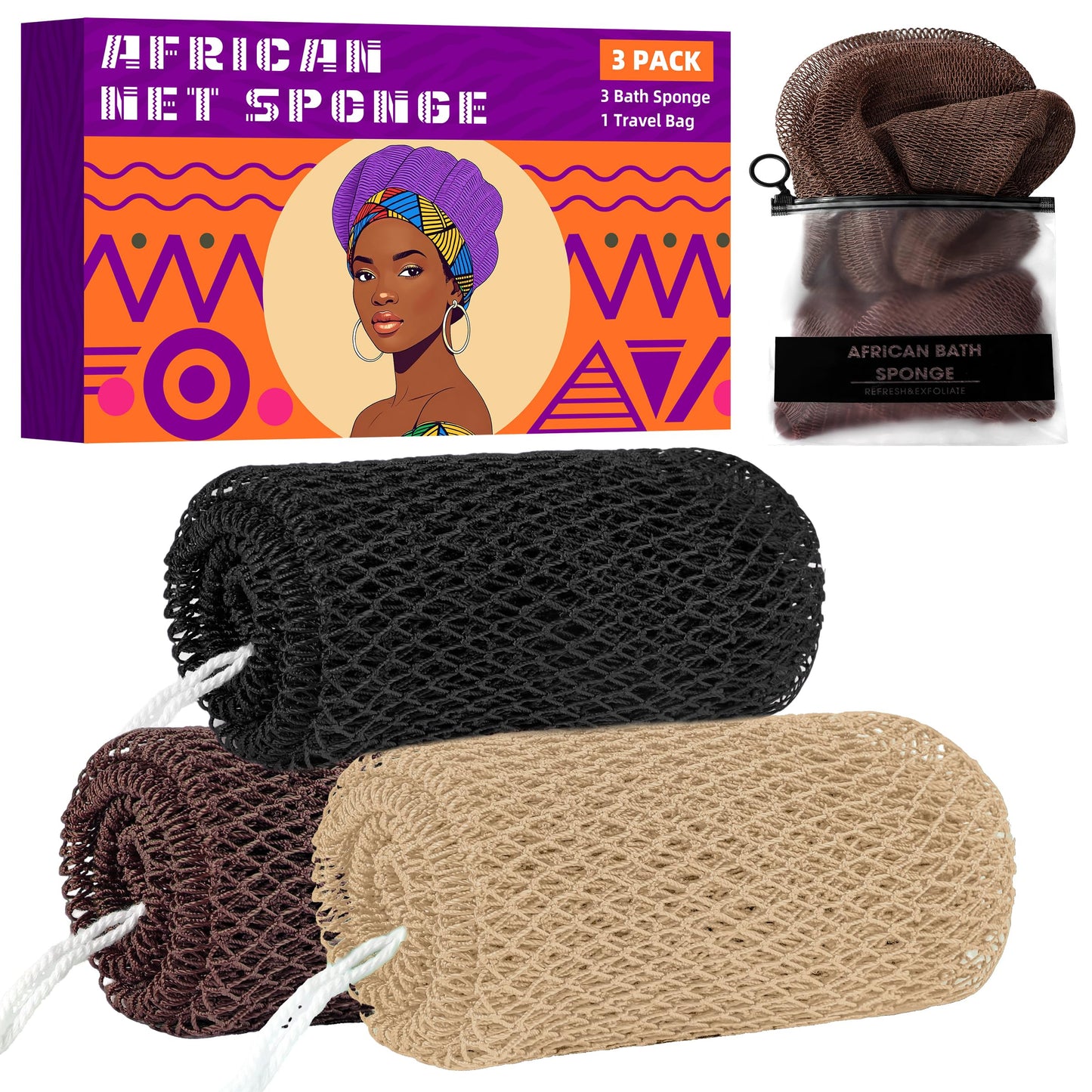 African Net Sponge Authentic, 3 Pieces Exfoliating Scrubber Bath Sponge for All Skin Types, Back Scrubber Loofah Washcloth for Shower, Gentle Exfoliation (Linen,Brown,Black)