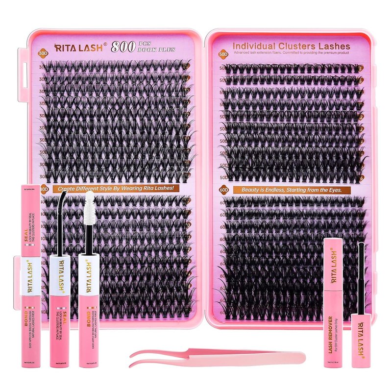 RITALASH Lash Extension Kit - 800pcs DIY Cluster Lashes with Bond, Seal, Remover & Tweezers | 30D-60D, 8-16mm