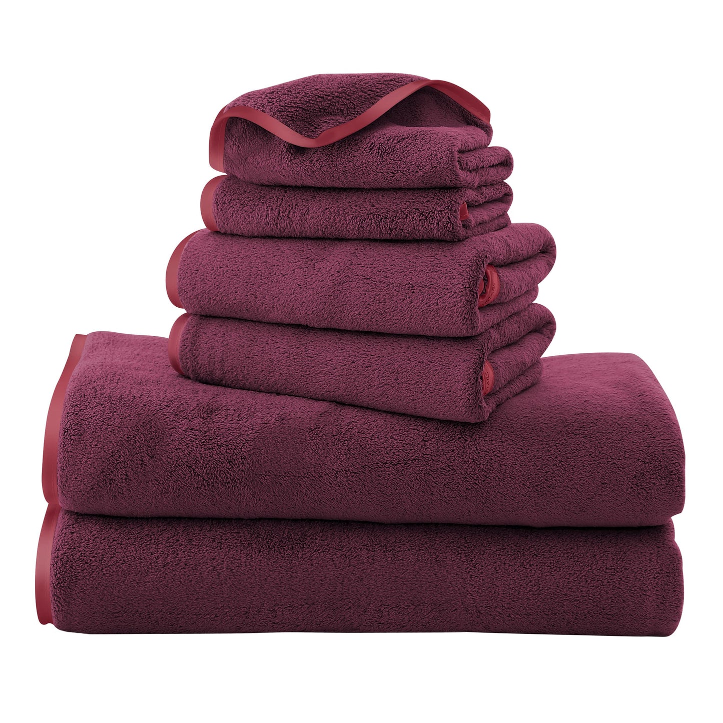 TENSTARS Microfiber Coral Velvet Luxury Silk Hemming Towel Set - Light Thin Quick Drying - 2 Bath Towels, 2 Hand Towels, 2 Washcloths - Burgundy 6 Pieces
